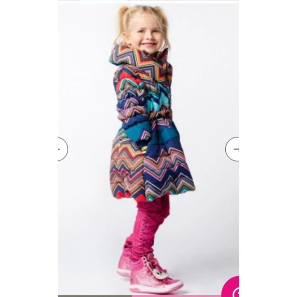 Mim Pi stretch puffer belted coat girls size 4 chevron - Picture 12 of 13
